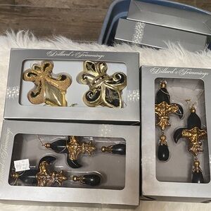 Dillard’s Fleur De Lis/black and gold ornaments, 3 boxes, 6 total ornaments